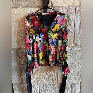 Alice + Olivia Multicolor Floral V-Neck Long Sleeve Blouse